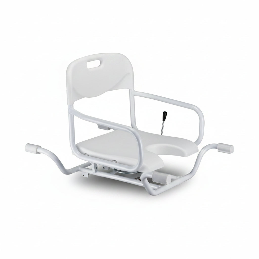 Swivel bath tub seat with adjustable handle bar for easy transfer over the bath