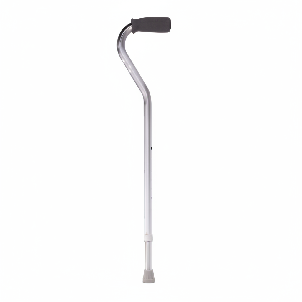 SIlver offset walking stick handle shown against a white background.