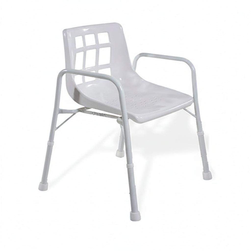 Powdercoated steel shower chair with adjustable seat height and non slip rubber feet