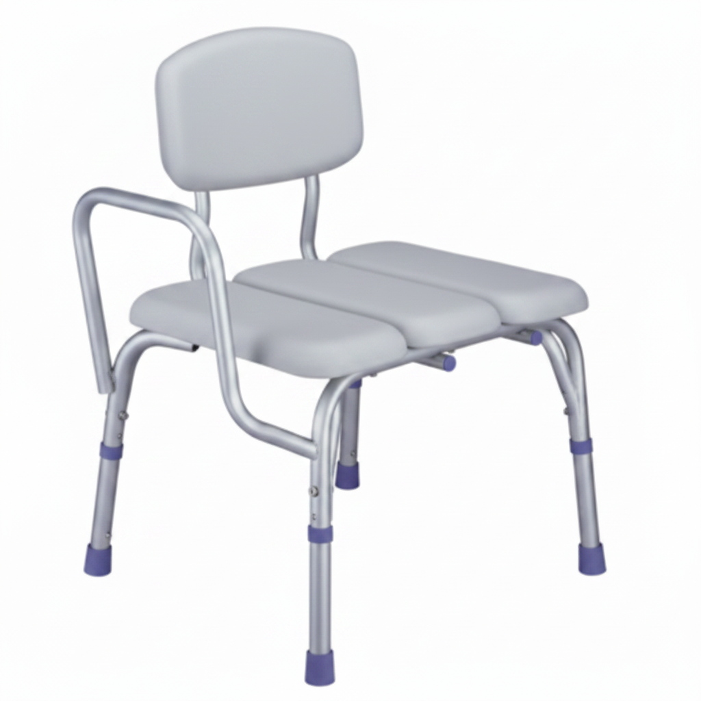 Bath bench with soft padded seat, removable back, and adjustable height legs