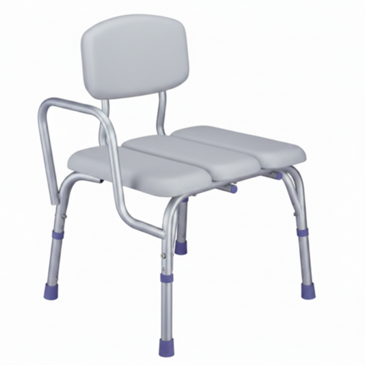 Bath bench with soft padded seat, removable back, and adjustable height legs
