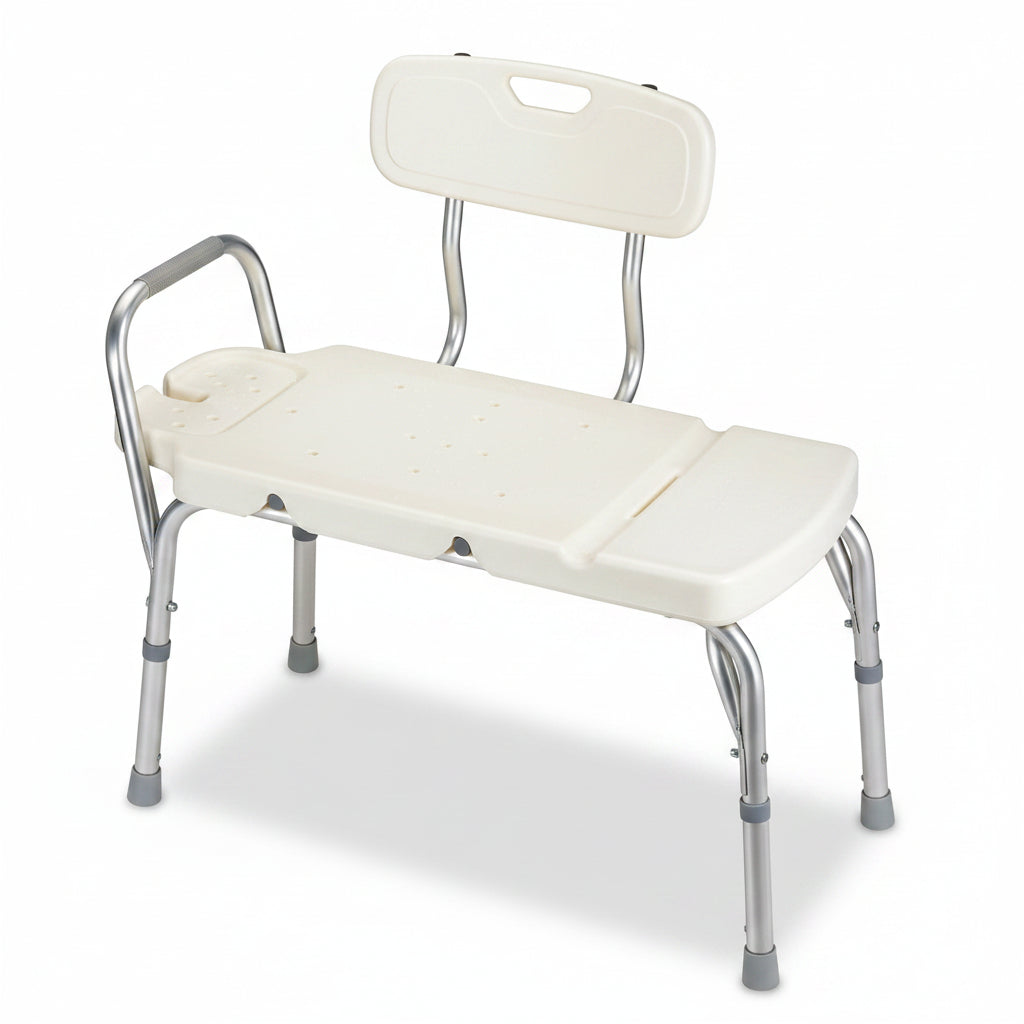 Bath bench with anti-skid, blow-moulded seat and back for bathtub transfers