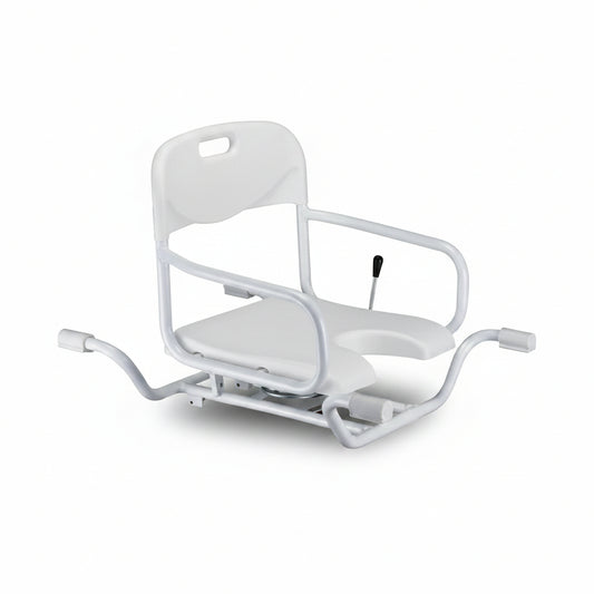 Swivel bath tub seat with adjustable handle bar for easy transfer over the bath