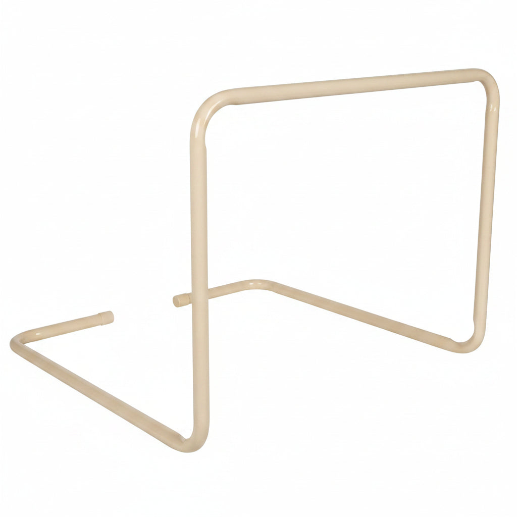 Bed rail with flat base designed to slide under the mattress for support and fall prevention.