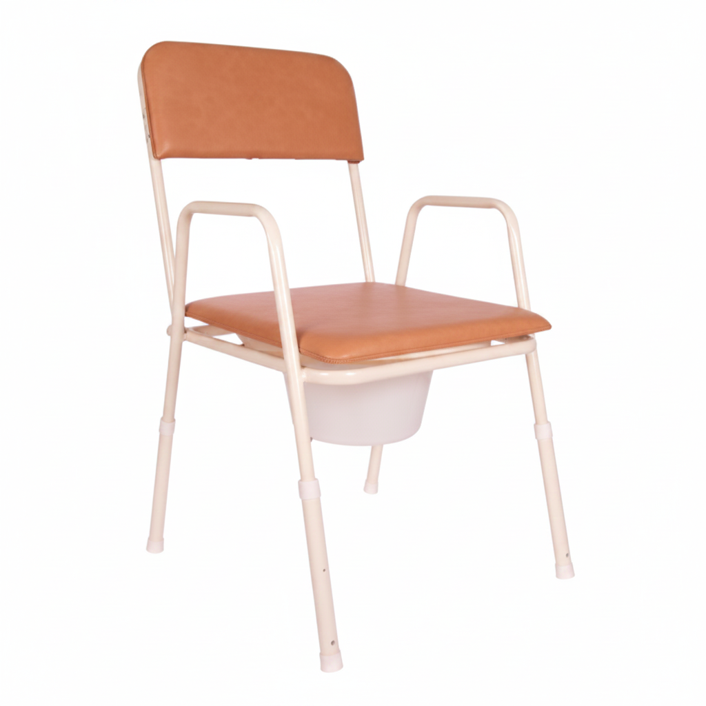 Economy Commode BBE02 bedside toilet chair with padded armrests and adjustable height legs