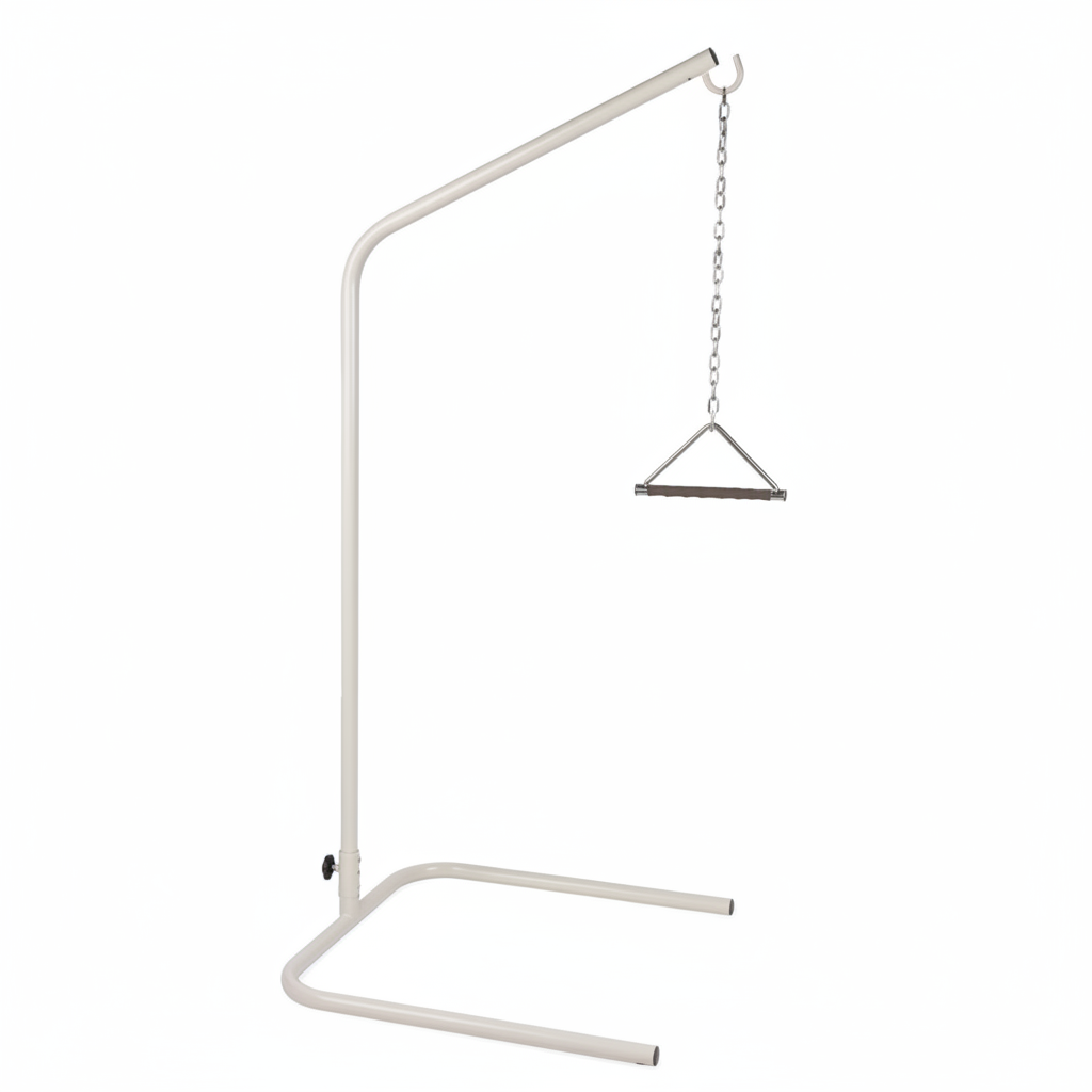 Free‑standing self help pole with adjustable handle for bedside mobility support.