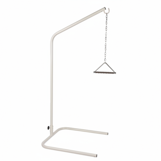 Free‑standing self help pole with adjustable handle for bedside mobility support.