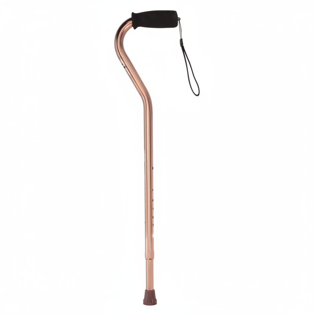 Black offset walking stick handle with attached wrist cord, shown against a white background.