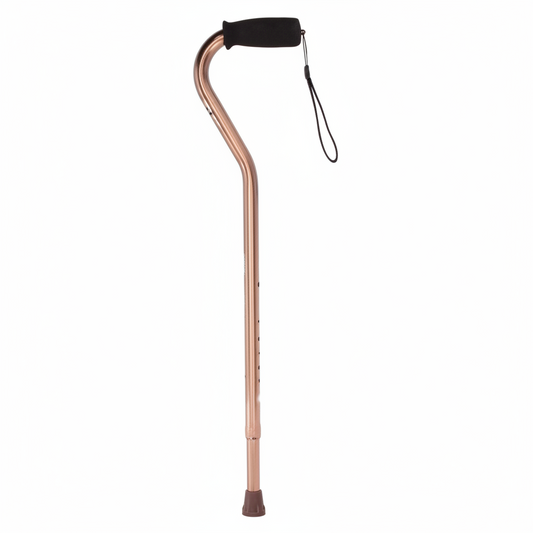 Black offset walking stick handle with attached wrist cord, shown against a white background.