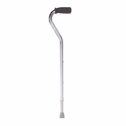 SIlver offset walking stick handle shown against a white background.