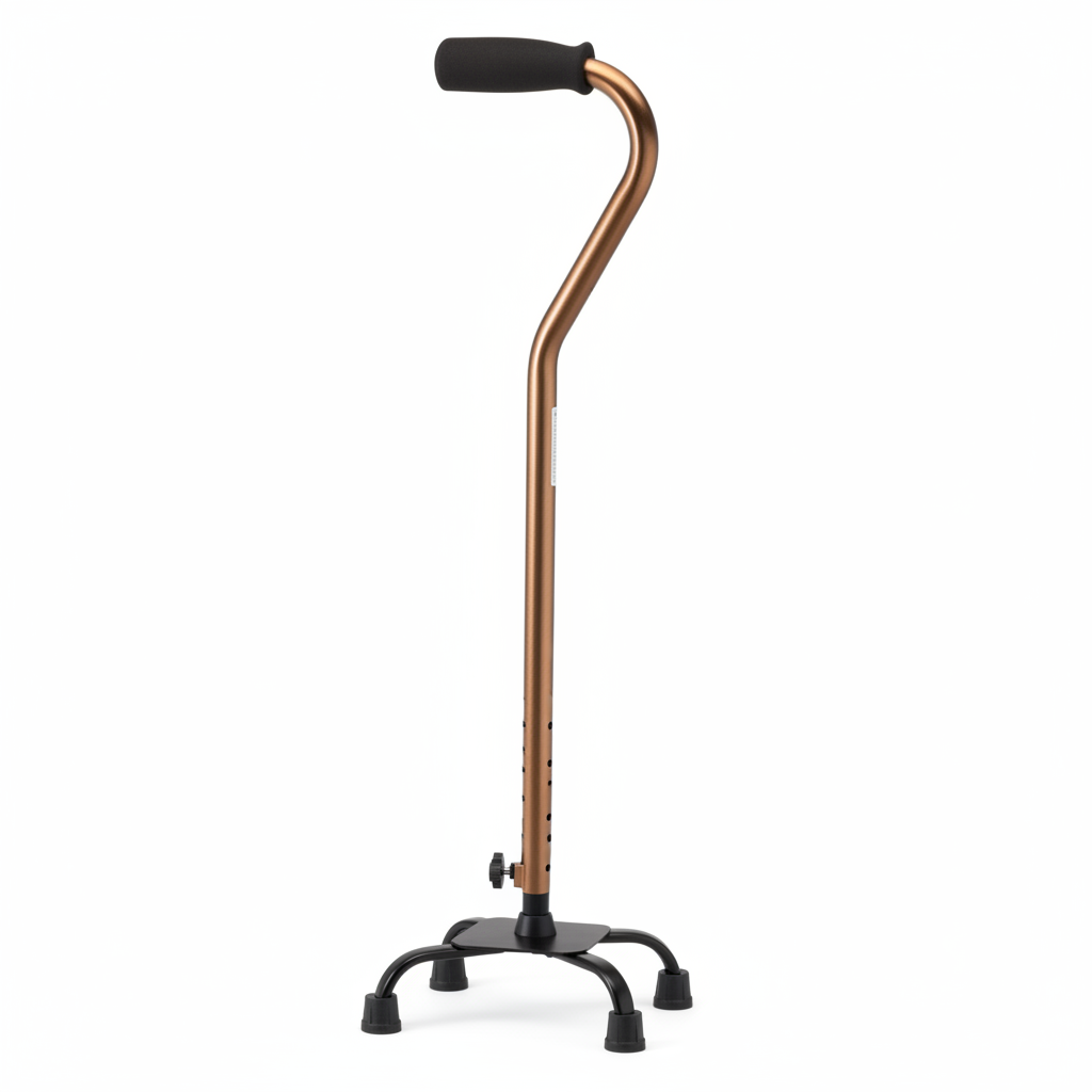 quad cane with four‑point base and adjustable height shown against a white background