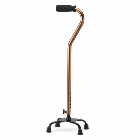 quad cane with four‑point base and adjustable height shown against a white background