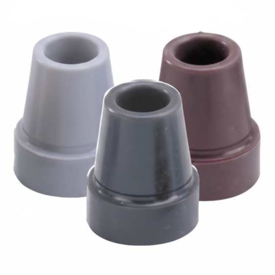 range of walking aid replacement tips in multiple sizes and colours displayed on a white background