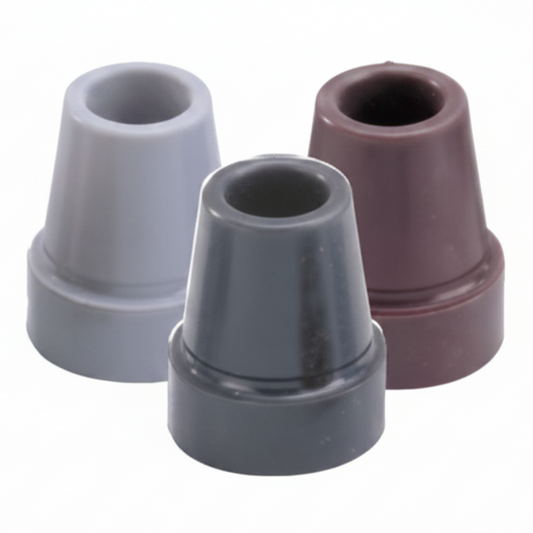 range of walking aid replacement tips in multiple sizes and colours displayed on a white background
