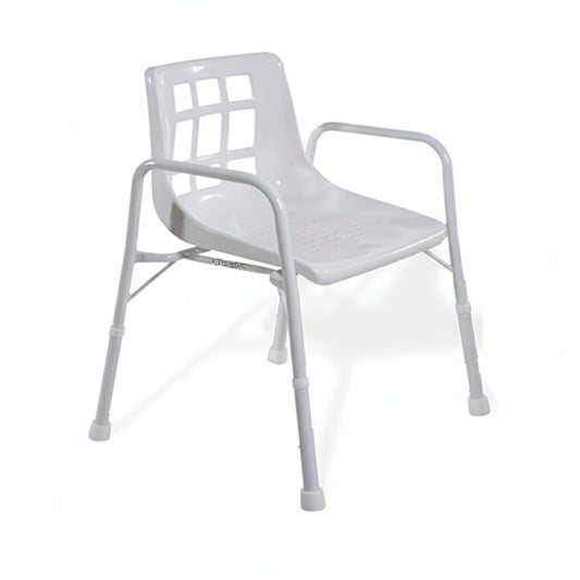 Powdercoated steel shower chair with adjustable seat height and non slip rubber feet