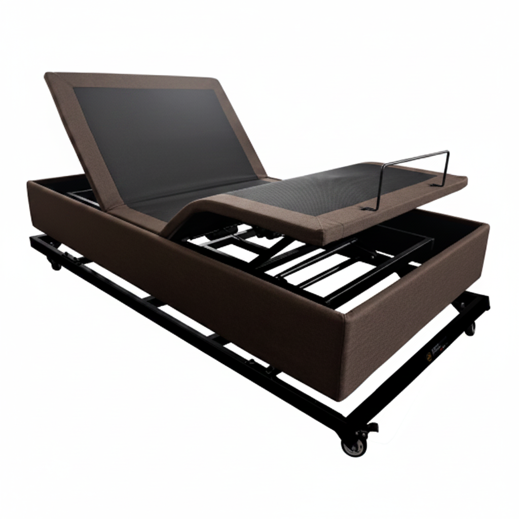 ComfortLux High Low King Single electric bed with adjustable sections, massage function, and wireless handset.