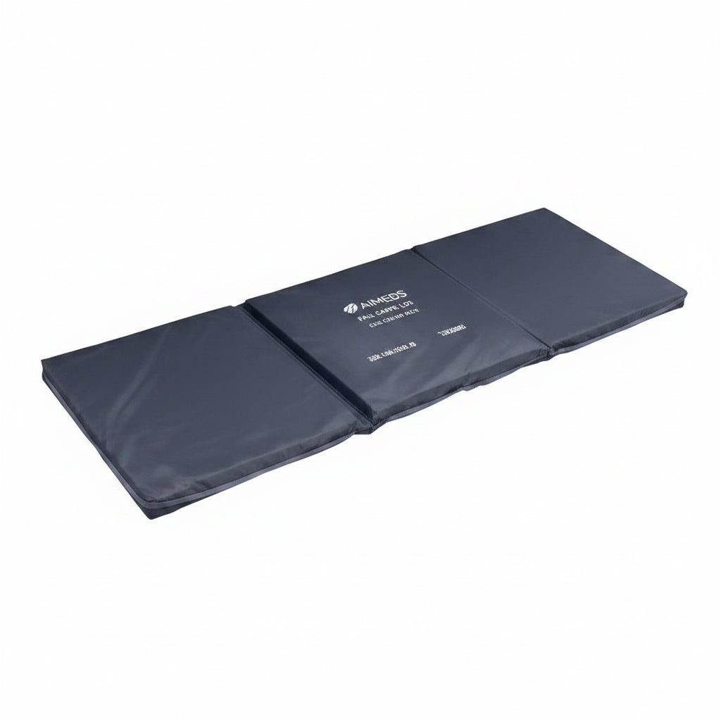 Foam fall safety mat with three sections, nylon cover, and reflective strip for bedside injury prevention.