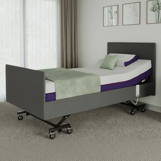 IC333 Homecare electric bed with ultra‑low height, dual lift motors, and backlit handset.
