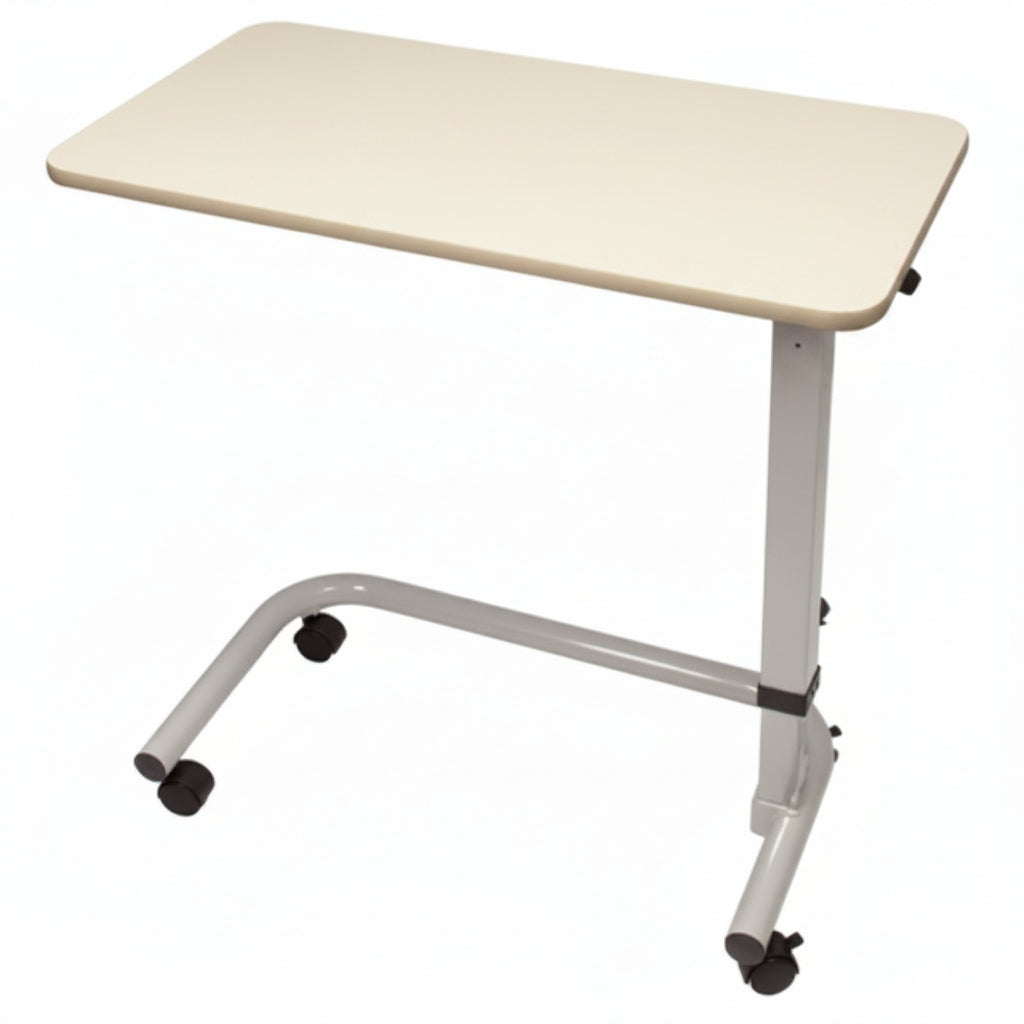 Adjustable overbed table with C‑base frame and choice of laminate or recessed top.