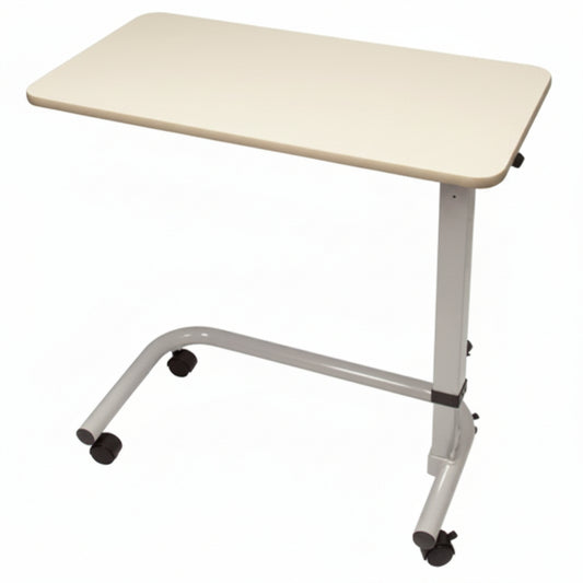 Adjustable overbed table with C‑base frame and choice of laminate or recessed top.